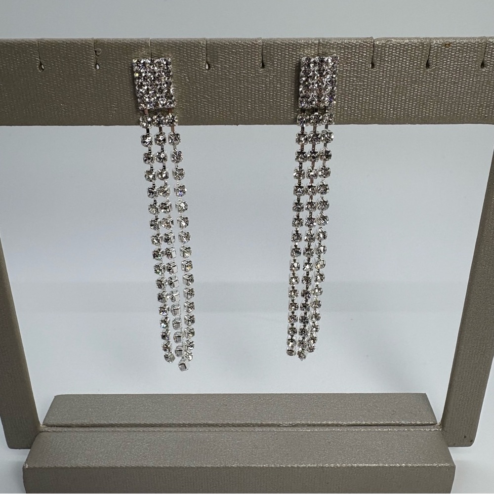 Long Clear Crystal Rhinestone 3 Row Fringe Bridal Party Pageant Earrings